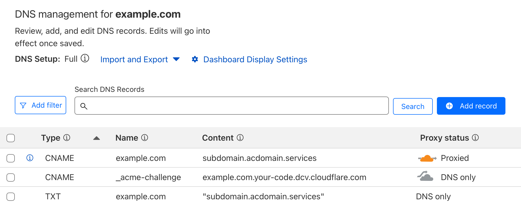 Cloudflare example dns settings